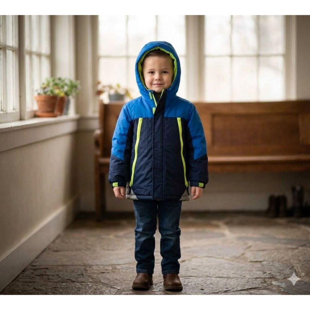 Wippette Boys 4 Blue Gray Hooded Puffer Jacket Winter Coat Full Zip Insulated